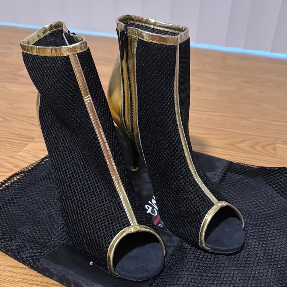 Chic Black and Gold Peep-Toe Heeled Boots